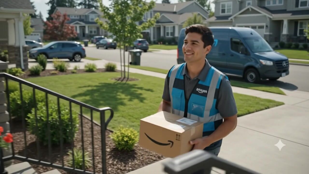 Delivery associate carrying Amazon packages to a doorstep in the USA